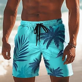 Herren Kokospalme Tropische Pflanzen Badehosen Badeshorts Boardshorts Mittlere Taille Hawaiianisch Strandurlaub Seitentaschen Netzfutter Elastischer Kordelzug
