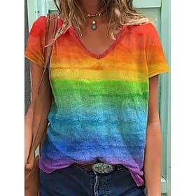 Halloween Women's T Shirt Graphic Geometric Rainbow Stylish Basic Classic Short Sleeve V Neck Regular Tops Daily Orange Summer Spring