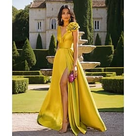 Ligne A Longueur au sol Robe de bal avec cape Robe de Soirée Tenue de soirée Élégant Fente Haute Soyeux Sans manches Col en V Mariage Formel Capes Satin avec F