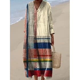 Women's Maxi Dress Shift Dress Sundress Vacation Casual Beach Going out Loose Fit Graphic Geometric Abstract Long Sleeve V Neck Black Yellow Light Brown Green