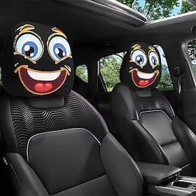 2pcs Cartoon Big-Eyed Face Printed Car Headrest Covers, Interior Decoration, Universal Fit, Washable, Easy to Install, Suitable for Long Trips Or Road Trips, P