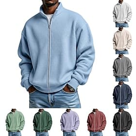 Men's Sweatshirt Waffle Sweatshirt Pullover Hoodie Sweatshirt Pullover Full Zip Sweatshirt Black Navy Blue Light Blue Standing Collar Plain Textured Casual Dai