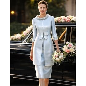 Two Piece Sheath Column Knee Length Wedding Guest Dress Mother of the Bride Dress Cap Sleeve Jewel Neck Elegant Wedding Guest Wedding Party Church Satin Jacket