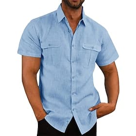 Men's Shirt Linen Shirt Summer Shirt Casual Shirt Beach Shirt Button Up Shirt Black White Navy Blue Sky Blue Apricot Short Sleeve Plain Lapel Daily Vacation Po