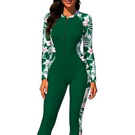 Women's Medium Rash Guard Full Body Rash Guard One Piece Surfing Suit Floral Tropical Zip Up with Built in Bra Front Zip UV Sun Protection Full Coverage UPF50