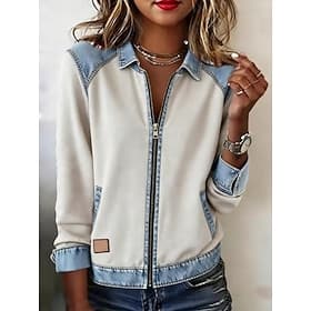 Women's Casual Shirt Blouse Patchwork Zipper Solid Color Stylish Basic Casual Long Sleeve Turndown Regular Tops Daily Outdoor Streetwear White Spring Fall Wint
