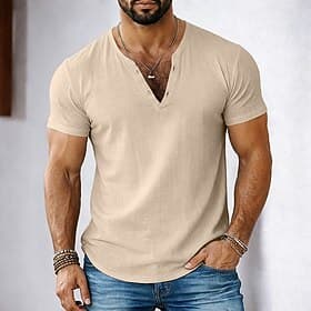 Men Tee Top Linen-Like T-shirt Short Sleeve Short Sleeves V Neck Summer Plain Fashion Designer Basic Soft Vacation Street Casual Daily Light Blue Top Tee for M