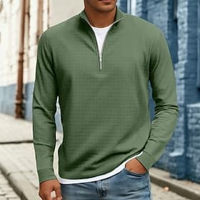 Men's Waffle Tee T Shirt Quarter Zip Tee Long Sleeve Stand Collar Fall  Winter Fall Winter Solid Color Textured Knitwear Daily Casual Zip Up Warm Casual Daily