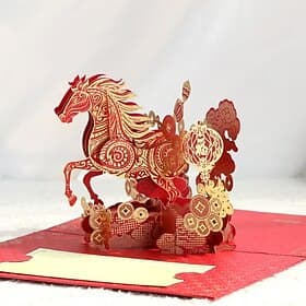 2026 Year of the Horse Chinese New Year Greeting Card – 3D Pop-Up Gold Horse Card with Note Paper  Envelope, Lucky Lunar New Year Birthday Anniversary Thank-Yo