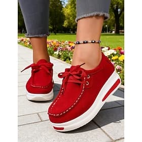 Women's Vibrant Red Platform Moccasin Sneakers  Casual Lace-Up Shoes for Streetwear, Driving and Everyday Comfort