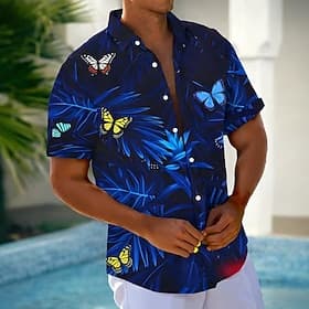 Herren Schmetterling Palmblatt Neonleuchten Sommer Hawaiihemd Knopfhemd Alohahemd Kurzarm Hawaiianisch Lässig Urlaub Sommer Frühling Umlegekragen 3D-Druck Hemd