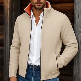 Men's Sweater Cardigan Sweater Zip Sweater Sweater Jacket Fleece Sweater Ribbed Knit Regular Tops Classic Style Fleece Solid Color High Neck Classic  Timeless