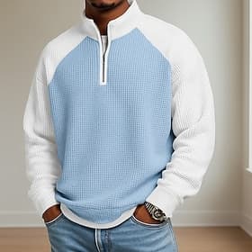 Men's Waffle Polo Shirts Polo Casual Formal Banded Collar Long Sleeve Fashion Solid Color Textured Buttons Plain Fall  Winter Fall Spring   Fall Regular Fit Bl