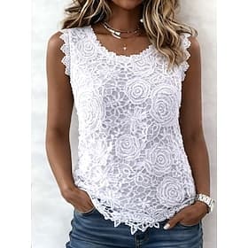 Women's Camp Collar Shirt Lace Patchwork Solid Color Elegant Stylish Casual Sleeveless Crew Neck Regular Tops Daily Blue Black White Pink Red Summer Spring