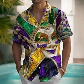 Mardi Gras Men's Mask Carnival Beads Shirt Summer Shirt Button Up Shirt Short Sleeve Fashion Casual Party Holiday Summer Spring Turndown 3D Print Collared Shir