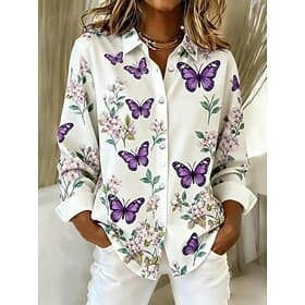 Women's Shirt Buttons Print Butterfly Vintage Stylish Modern Long Sleeve Shirt Collar Regular Tops Daily White Pink Purple Fall Winter
