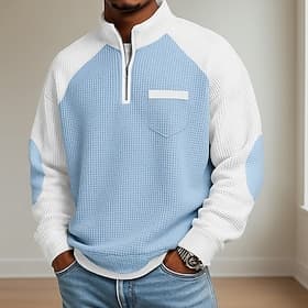 Men's Waffle Polo Shirts Polo Casual Formal Banded Collar Long Sleeve Fashion Solid Color Textured Color Block Buttons Fall Spring   Fall Fall  Winter Regular