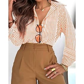 Women's Shirt Blouse Buttons Striped Casual Long Sleeve Shirt Collar Regular Tops Daily Holiday Going out Black Pink Red Orange Summer Spring