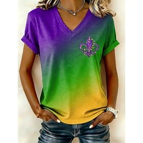 Carnival Mardi Gras Women's T Shirt Print Graphic Color Gradient Abstract Vintage Stylish Classic Short Sleeve V Neck Regular Tops Daily Purple Summer Spring