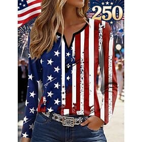 Independence Day American Anniversary Patriotic Women's T Shirt Graphic Flag Vintage Stylish Modern Long Sleeve Notched Neck Regular Tops Daily Weekend Print B