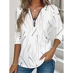 Women's T Shirt Zipper Print Graphic Geometric Vintage Fashion Stylish Long Sleeve Crew Neck V Neck Regular Tops Daily Blue White Yellow Pink Red Spring Fall W