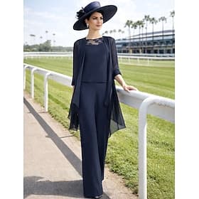 Jumpsuit Pantsuit 3 Piece Floor Length Mother of the Bride Dress Sleeveless Jewel Neck Elegant Plus Size Formal Wedding Guest Wedding Party Chiffon Lace with A