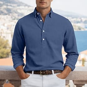 Men's Shirt Popover Shirt Button Down Shirt Casual Shirt Navy Blue Dark Blue Gray Light Blue Long Sleeve Plain Button Down Collar Casual Outdoor Buttons Clothi