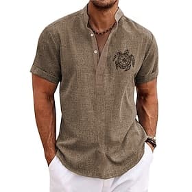 Men's Shirt Linen Shirt Beach Shirt Summer Hawaiian Shirt Turtle Outdoor Vacation Yellow Red Blue Green Short Sleeve Stand Collar Summer Spring Clothing Appare