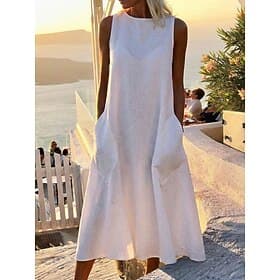 Women's Maxi Dress Faux Cotton Linen Shift Dress Sundress White Dress Streetwear Casual Vacation Loose Fit Sleeveless Crew Neck Black White Yellow Gray Summer