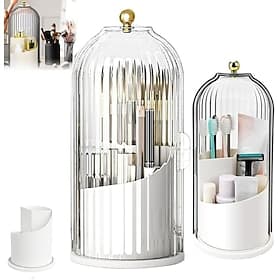 Dust-proof Toothbrush Holder with Cover, Makeup Brush Storage Box for Bathroom Vanity, Birdcage Pen Holder and Storage Rack, Rotating Organizer for Cosmetics a
