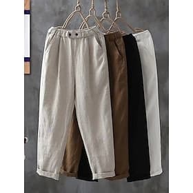 Women's Cotton Linen Pants Trousers Summer Pants Baggy Pants Vacation Basic Casual Ankle-Length High Waist Plain Pocket Elastic Waistband Comfort Soft Breathab