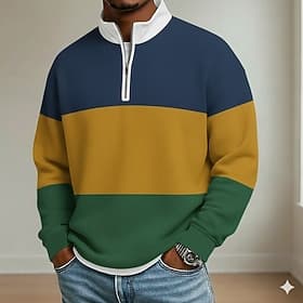 Men's Stripes Polo Long Sleeve Standing Collar Athleisure Vacation Athleisure Casual Daily 3D Print Color Block Spring Fall Blue Black Navy Blue