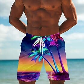 Men's Coconut Tree Tropical Plants Neon Glow Swim Trunks Swim Shorts Board Shorts Mid Waist Streetwear Hawaiian Vacation Side Pockets Mesh Lining Elastic Draws