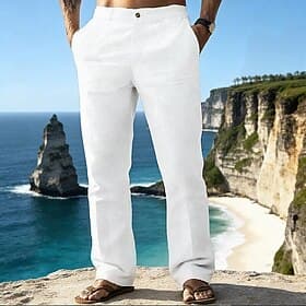 Men's Linen Pants Trousers Summer Pants Beach Pants Pocket Solid Color Comfort Breathable Daily Outdoor Holiday Vacation Classic Style Black White