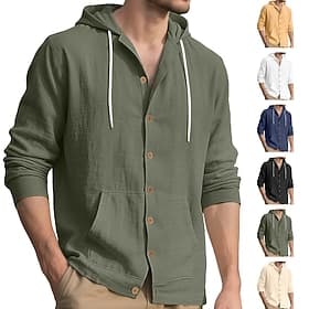 Men's Shirt Linen Shirt Summer Shirt Beach Wear Hooded Shirt Solid Color Vacation Street Black White Yellow Navy Blue Long Sleeve Shirt Collar Summer Spring Cl