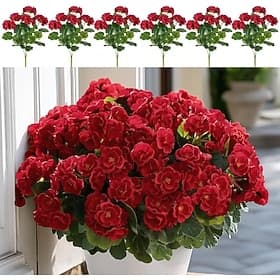 6 Branches UV-Resistant Artificial Geranium Bouquet 30 Stem/Branch Vibrant Red Flowers with Lush Green Foliage Realistic Plastic Indoor/Outdoor Decor Ideal for