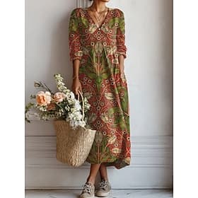 Women's Maxi Dress Linen Like Breathable Lightweight Sundress Shift Dress Casual Party Holiday Regular Fit Floral Long Sleeve V Neck White Pink Brown Gray Summ