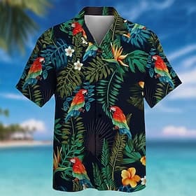 Men's Leaf Parrot Tropical Plants Shirt Cuban Collar Shirt Summer Hawaiian Shirt Short Sleeve Hawaiian Vacation Holiday Beach Wear Summer Spring Camp Collar Sh