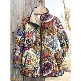 Damen Winterjacke Steppjacke Warm Leicht Knöpfe Druck Aktiv Vintage Künstlerisch Lässig Blumen Lässig Regulär Stehkragen Normale Passform Langarm Oberbekleidun