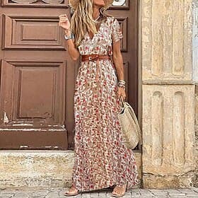 Women's Midi Dress Linen-feel Dresses Kaftan Dress Elegant Dress Elegant Vintage Fashion Daily Outdoor Vacation Loose Fit Floral Graphic Plain Short Sleeve V N