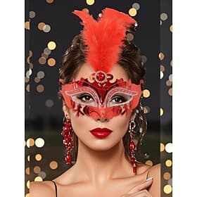 Women's Red Feather Venetian Masquerade Mask - Elegant Laser-Cut Carnival Costume Accessory for Venice Festival, Mardi Gras, Cosplay  Masquerade Parties