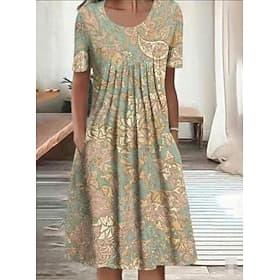 Women's Midi Dress Linen-feel Dresses Shift Dress Casual Dress Summer Dress Fashion Modern Daily Beach Weekend Regular Fit Floral Short Sleeve Crew Neck Blue W