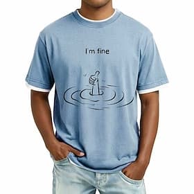 „I'm fine" Herren-T-Shirt mit Grafikprint, Vintage-Waschung, blauer Ringer-Print, Used-Look, sarkastischem, schwarzem Humor, 65 % Baumwollmischung, weiches, lä