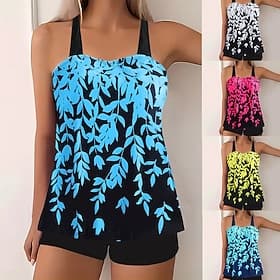 Women's Tankini 2 Piece Swimsuit Shorts Tummy Control High Waist Slim Backless Vacation Beach Wear Leaves V Neck Sleeveless Bathing Suits