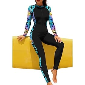 Women's Regular Rash Guard Full Body Rash Guard Bathing Suit Floral Tropical with Built in Bra Front Zip UV Sun Protection Full Coverage UPF50 Long Sleeve Ful