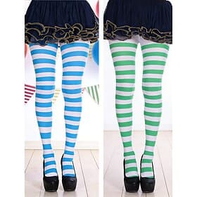 Women's Carnival Party Striped Tights Set (2 Pairs), Stretchy Over-the-Knee Style, Blue  Green Horizontal Stripe Design, Fun Costume Socks for Adults, Festival