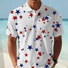 4th of July 2026 250th Men's Star Polo Short Sleeve Polo Shirts Collared Shirts Casual Athleisure Buttons Summer White