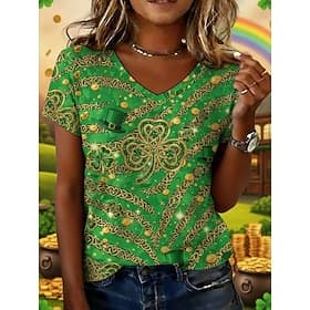 St. Patrick's Day Women's T Shirt Print Graphic Vintage Classic Casual Short Sleeve V Neck Regular Tops Daily Weekend Vacation Wear Green Summer Spring
