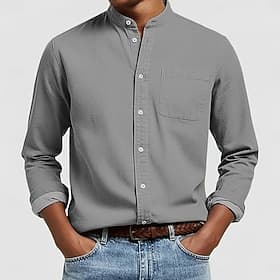 Men's Shirt Casual Shirt Band Collar Shirt Pink Navy Blue khaki Gray Long Sleeve Plain Mandarin Collar Henley Casual Outdoor Pocket Clothing Apparel Polyester