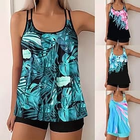 Women's Tankini 2 Piece Swimsuit Palm Shorts Tummy Control High Waist Slim Backless Vacation Beach Wear Ombre Geometic U Neck Sleeveless Bathing Suits